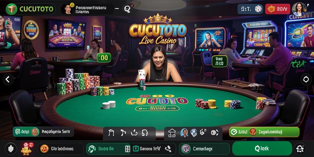 Screenshot utama CUCUTOTO menampilkan dealer dan pemain dalam sesi Live Casino yang mendebarkan.