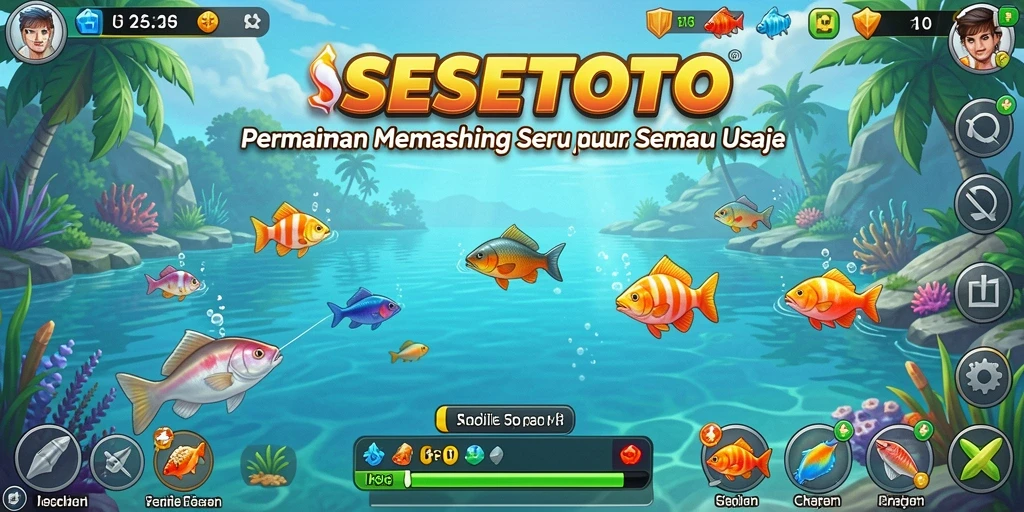 Tampilan gameplay SESETOTO yang penuh warna dan menarik saat memancing ikan.